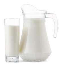 Glass jar and cup of fresh milk isolated