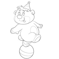 sketch of a circus bear on a ball and in a cap, coloring, isolated object on a white background, cartoon illustration, vector,