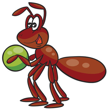cute ant character holding a pea in hands, isolated object on white background, cartoon illustration, vector,