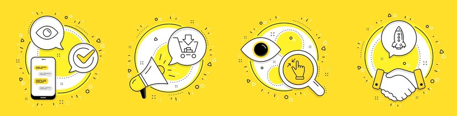 Eye, Shopping and Touchscreen gesture line icons set. Cell phone, megaphone and deal vector icons. Rocket sign. View or vision, Add to cart, Zoom out. Spaceship. Technology set. Vector
