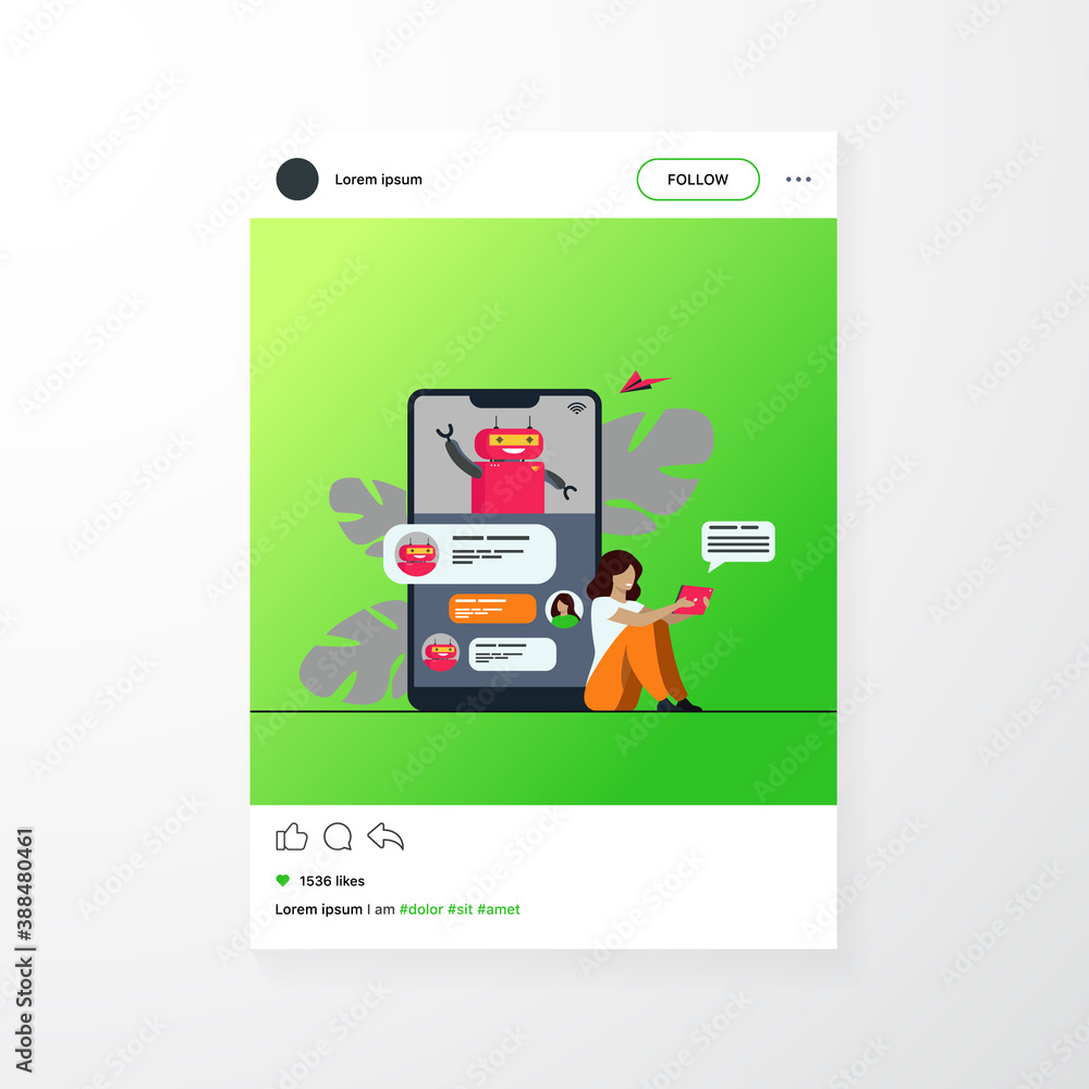 Aufkleber tiny woman using mobile assistant with chatbot isolated flat vector illustration. modern customer su