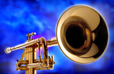 jazz trumpet on blue lights background