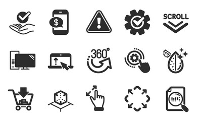 Scroll down, Maximize and Touchscreen gesture icons simple set. Phone payment, Shopping and Swipe up signs. 360 degrees, Search file and Cogwheel settings symbols. Flat icons set. Vector