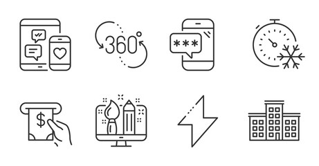 Fototapeta premium Phone password, Freezing timer and Energy line icons set. Social media, Atm service and 360 degree signs. Creative design, Company symbols. Quality line icons. Phone password badge. Vector