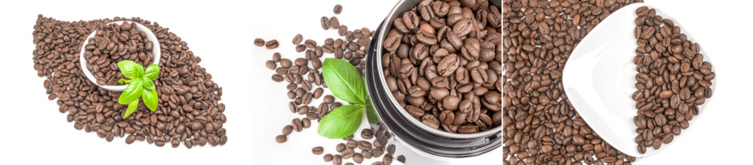 Set of brown coffee over a white background