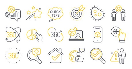 Fototapeta premium Set of Science icons, such as Analytics, Bacteria, 360 degree symbols. Quick tips, Freezing click, Online chemistry signs. Augmented reality, 360 degrees, Target purpose. Full rotation. Vector