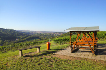 Fototapeta premium A viewpoint in the vineyards of Bad Sulza, with the city in the background. Thuringia - Germany