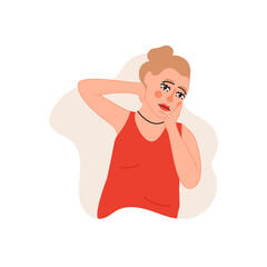 Isolated on white woman suffers from headache vector illustration. High blood pressure, weakness, colds, fatigue, dizziness, neurology design element. Symptoms of office work, stress in cartoon style.
