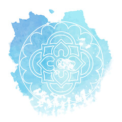 Round white mandala isolated on colorful background. Mandala on top of watercolor blotch. Beautiful pattern.