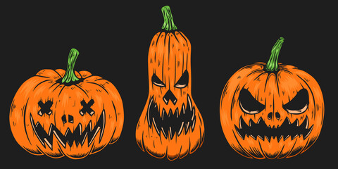 Set of Illustrations of scary halloween pumpkin. Design element for poster,card, banner, sign, emblem. Vector illustration
