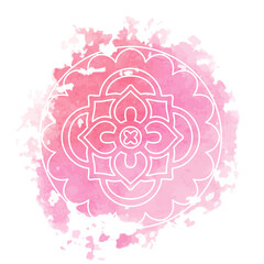 Round white mandala isolated on colorful background. Mandala on top of watercolor blotch. Beautiful pattern.