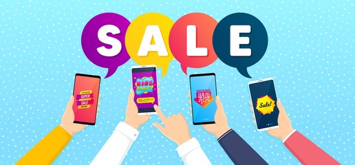 Discounts sticker, Kids party and Super sale promo label set. Banner with mobile phones in hands. Sale sticker sign. Hot offer, Playing zone, Banner shape. Discount offer. Promotional tag set. Vector