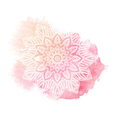 Round white mandala isolated on colorful background. Mandala on top of watercolor blotch. Beautiful pattern.