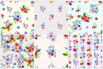 Seamless pattern set. Vector floral design with wildflowers. Romantic background collection