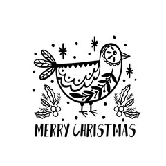 Merry Christmas decoration hand drawn.Doodle style greeting card with bird .