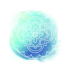 Round white mandala isolated on colorful background. Mandala on top of watercolor blotch. Beautiful pattern.