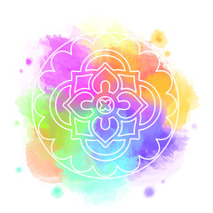 Round white mandala isolated on colorful background. Mandala on top of watercolor blotch. Beautiful pattern.