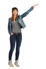 Young Woman Is Standing On Tiptoes With Hand Raised And Presenting