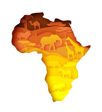 Wildlife of Africa, world continent. Flora and fauna. Vector illustration in paper art style. Mainland Africa map with nature, elephant, giraffe, lion, zebra, rhino camel fox wild animals silhouettes.