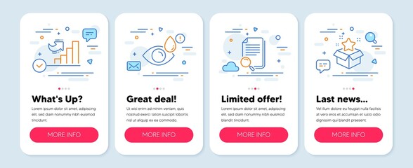 Set of Business icons, such as Eye drops, Growth chart, Search file symbols. Mobile app mockup banners. Loyalty program line icons. Check vision, Diagram graph, Find document. Bonus star. Vector