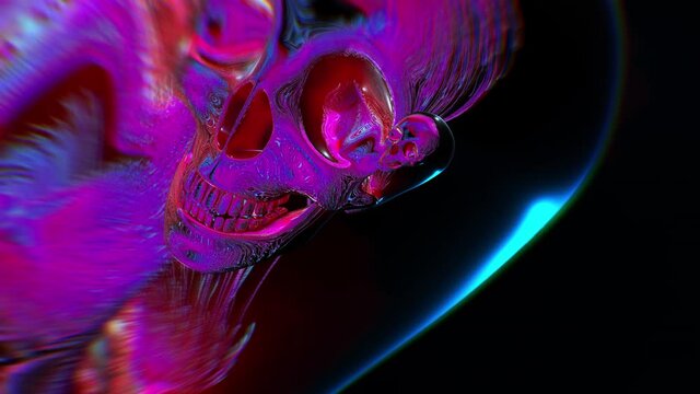 Spiral halloween abstract background. Seamless animation of pink glossy skulls in a twirl.