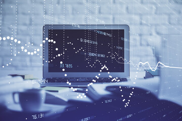 Multi exposure of desktop computer and technology theme hologram. Concept of software development.