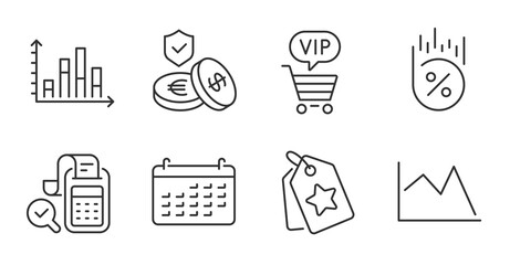 Bill accounting, Savings insurance and Line chart line icons set. Loan percent, Calendar and Loyalty tags signs. Diagram graph, Vip shopping symbols. Quality line icons. Bill accounting badge. Vector