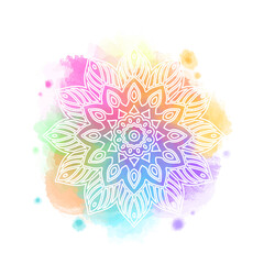 Round white mandala isolated on colorful background. Mandala on top of watercolor blotch. Beautiful pattern.
