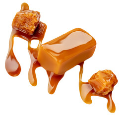 Сaramel candies with caramel sauce isolated on a white background. Butterscotch Toffee candy collection,  top view