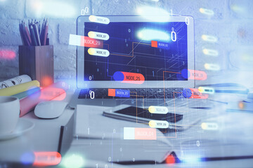 Multi exposure of desktop computer and technology theme hologram. Concept of software development.