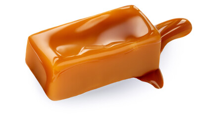 Soft caramel isolated on a white background. Salted melted toffee candy with caramel sauce, top...