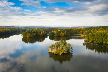 Naklejka na ściany i meble Golden autumn of Poland by the Straszyn lake from above.