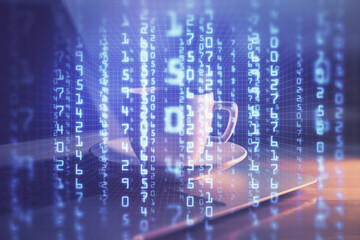 Double exposure of desktop computer and technology theme hologram. Concept of software development.