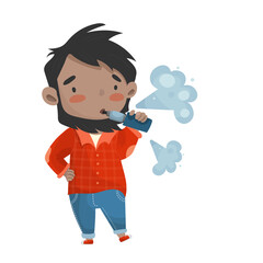 young man with beard vaping and using electronic cigarettes. vector illustration of a smoking guy isolated on white background