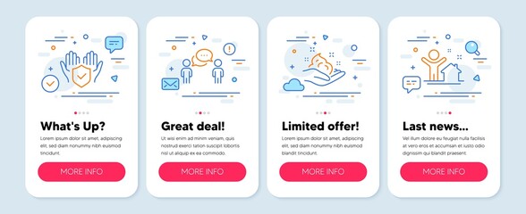 Set of People icons, such as Skin care, Insurance hand, Consulting business symbols. Mobile screen app banners. New house line icons. Hand cream, Full coverage, Team meeting. Buying home. Vector