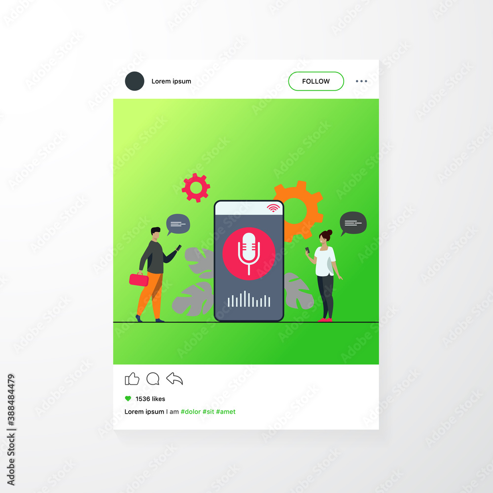 Poster people using voice assistant app on smartphone with speaker on screen. vector illustration for sound