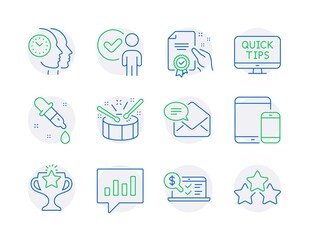 Education icons set. Included icon as New mail, Online accounting, Analytical chat signs. Chemistry pipette, Certificate, Victory symbols. Web tutorials, Mobile devices, Time management. Vector