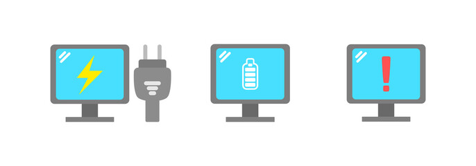 Computer device icon, computer is charging, full power, and low battery warning. vector icon