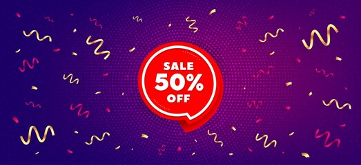 Sale 50% off sticker. Festive confetti background with offer message. Discount banner shape. Coupon bubble icon. Best advertising confetti banner. Sale 50% badge shape. Vector