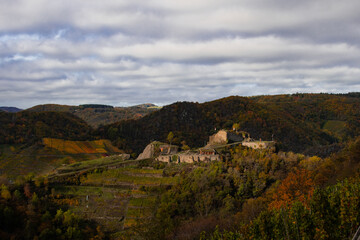 Fototapeta na wymiar The Saffenburg in Mayschoss with a great autumn landscape