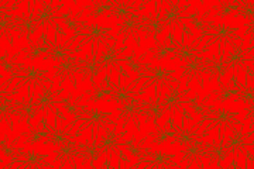 Green contours of cannabis leaves on red background