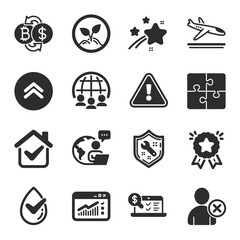 Set of Business icons, such as Web traffic, Puzzle, Dermatologically tested symbols. Bitcoin exchange, Ranking star, Arrivals plane signs. Spanner, Swipe up, Startup. Online accounting. Vector