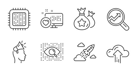 Analytics, Cpu processor and Startup rocket line icons set. Artificial intelligence, Brand ambassador and Heart signs. Loyalty points, Cloud upload symbols. Quality line icons. Analytics badge. Vector