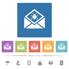 Open mail with malware symbol flat white icons in square backgrounds