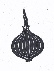 Silhouette of bulb of onion with sprout. Vector illustration. Ingredient for vegetable salad. Healthy vegetarian food. Clipart for packaging, label, menu or showcase. Isolated on white background