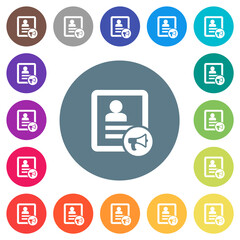 Contact alarm flat white icons on round color backgrounds