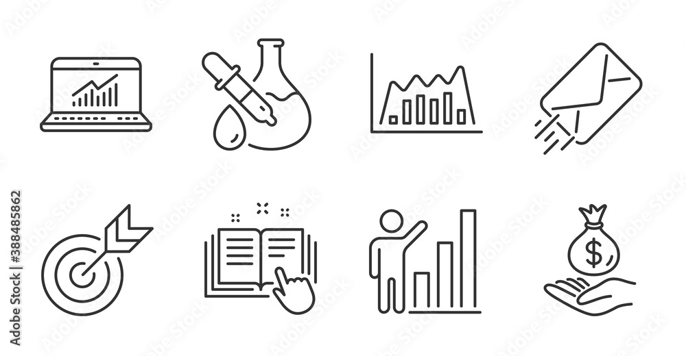 Aufkleber online statistics, e-mail and graph chart line icons set. technical documentation, target and chemis