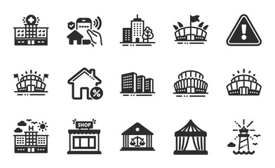 Arena stadium, Lighthouse and Skyscraper buildings icons simple set. Buildings, Shop and Court building signs. Arena, Loan house and Circus tent symbols. Flat icons set. Vector