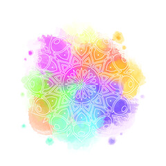 Round white mandala isolated on colorful background. Mandala on top of watercolor blotch. Beautiful pattern.
