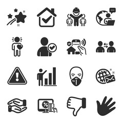 Set of People icons, such as Friend, Helping hand, World mail symbols. Graph chart, Online shopping, Engineering team signs. Identity confirmed, House security, Medical mask. Hand. Vector